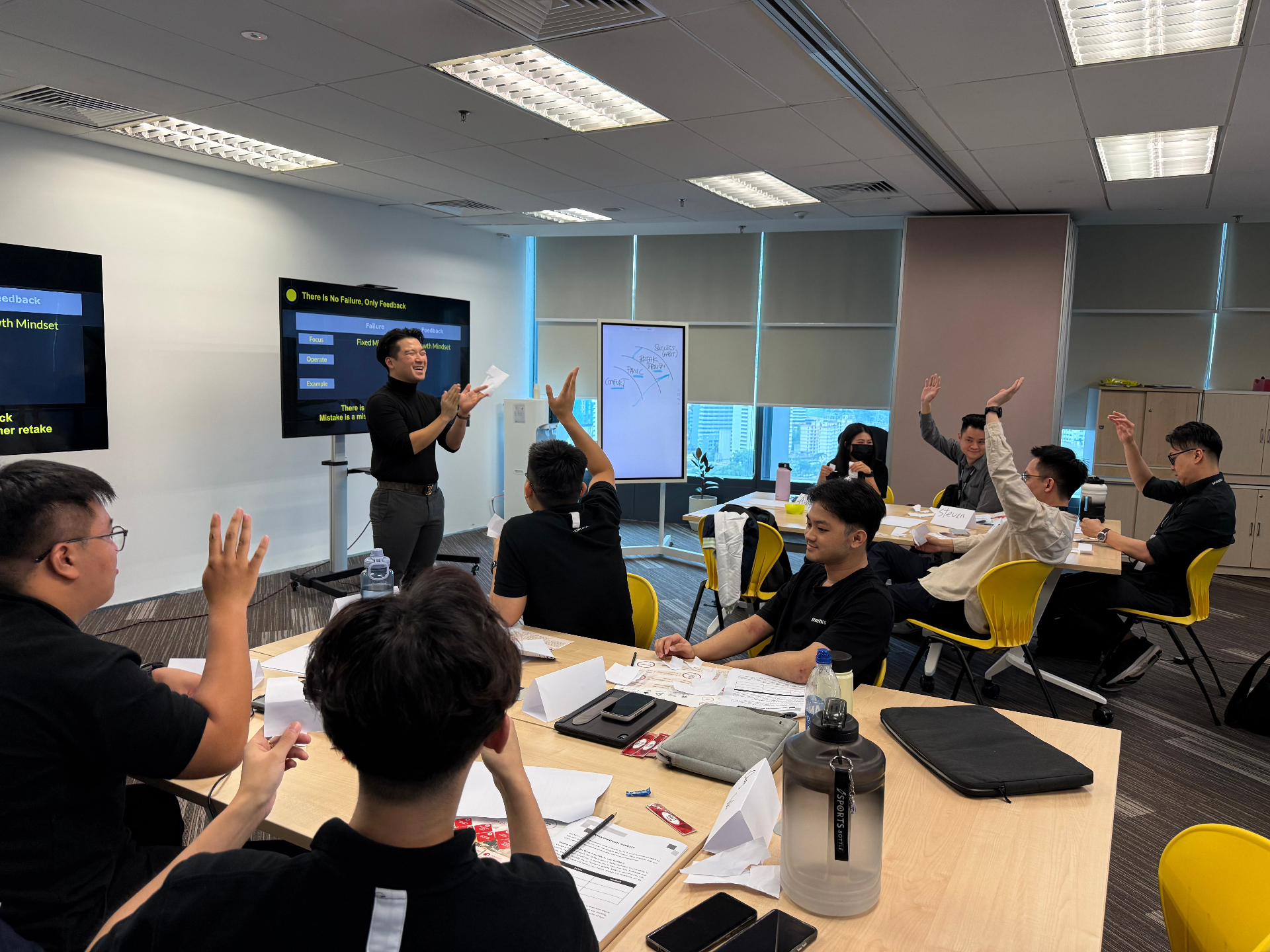 Sales training class with participants engaging in discussion